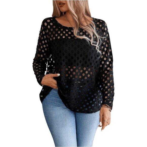 Tops - Women's Plus Size Sheer Knit Sweater Long Sleeve Casual or Going Out